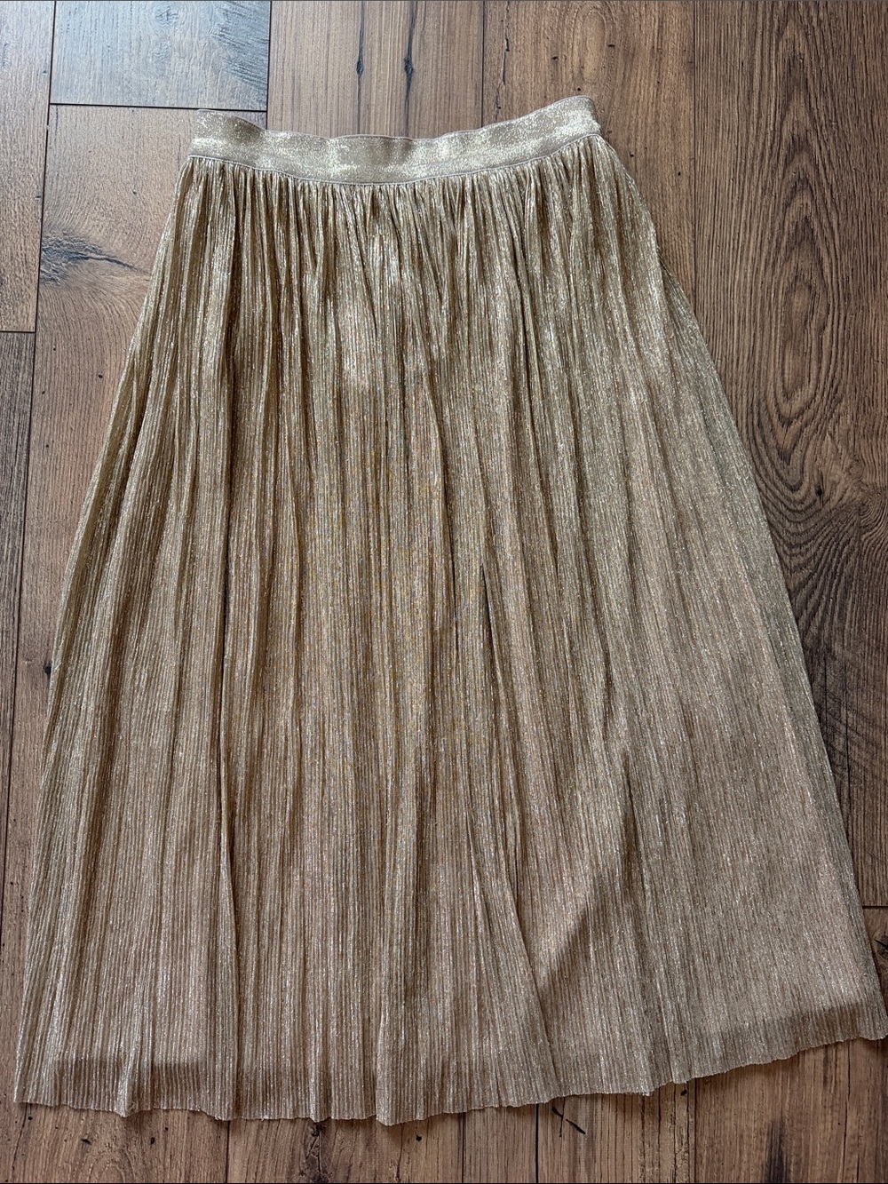 Alice + Olivia Katz Gold Metallic Pleated Midi Skirt Shimmer Size 6 Like New